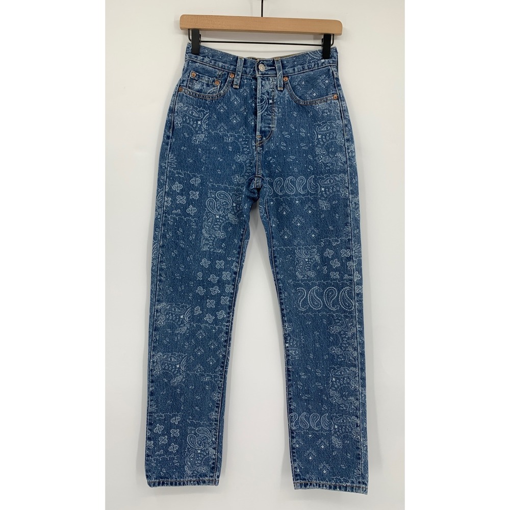 Levis 501 Paisley Jeans Womens 24 Blue Paisley Print Button Fly Denim (24x30) - Picture 3 of 12
